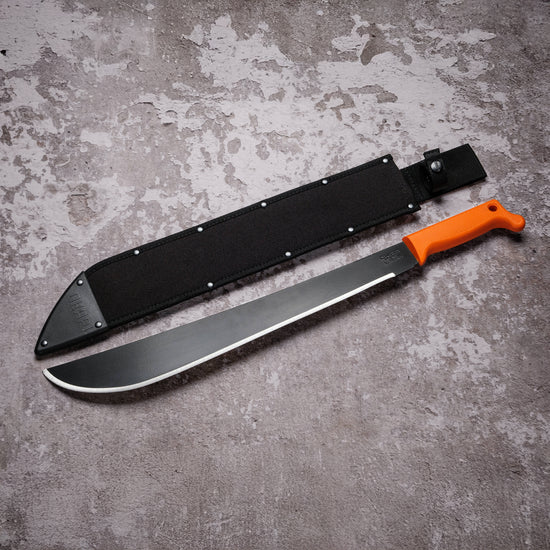 Okapi Latin Machete with black Sheath cover on grey background