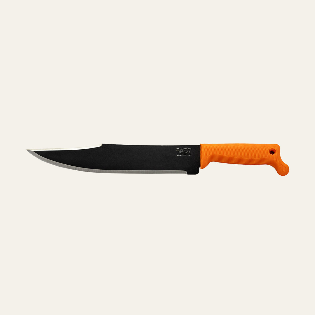 Full view of Okapi Bowie machete with Okapi Orange grip