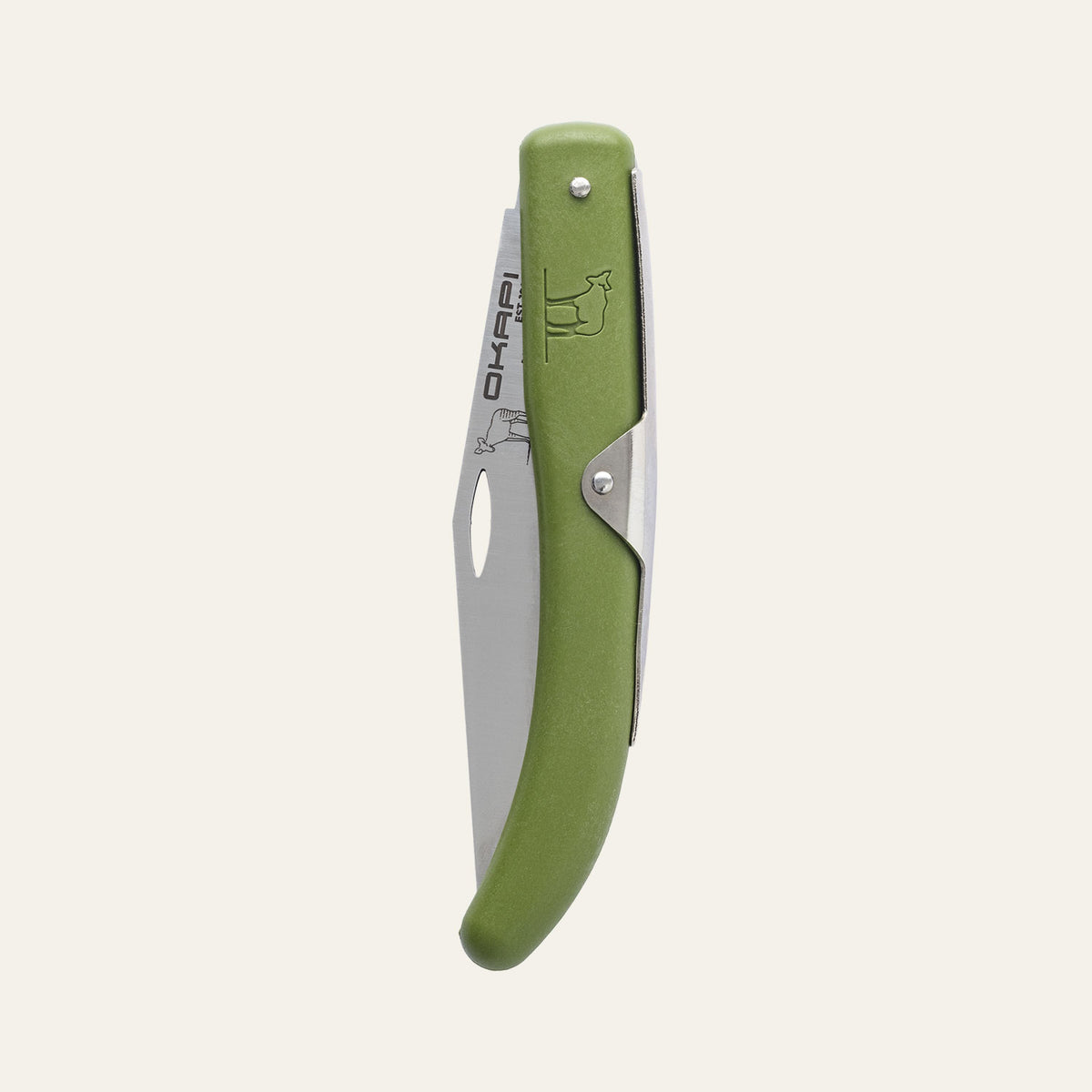 Closed Okapi utility knife featuring olive green synthetic handle, isolated on white
