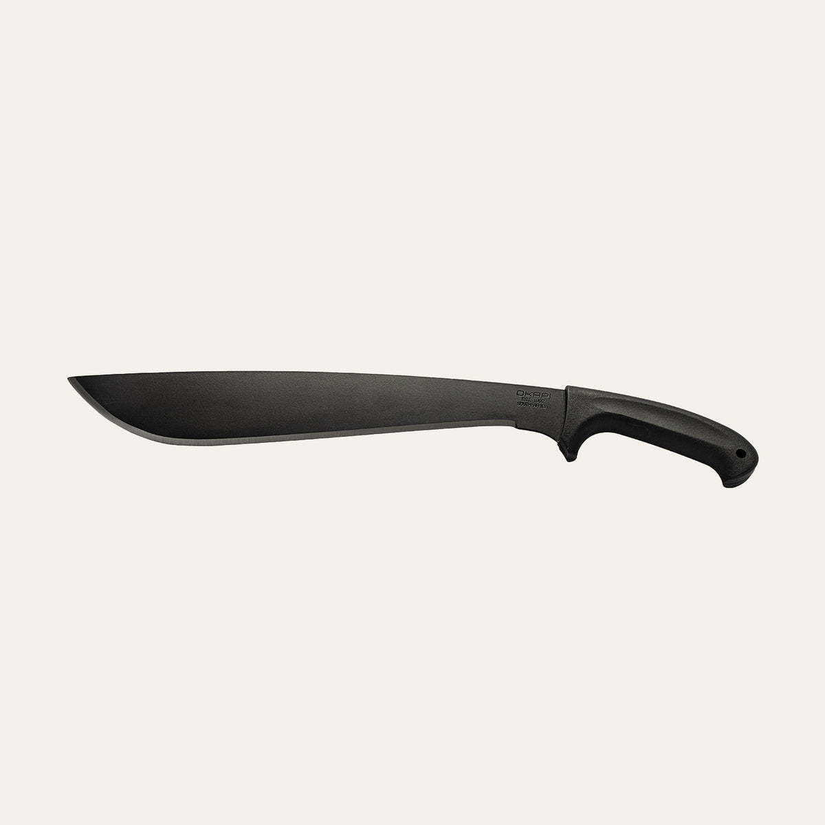 Okapi survival machete with Tactical Black handle shown with sheath on white