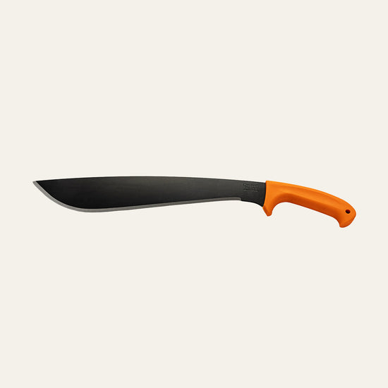 High-visibility Okapi Jungle machete featuring orange grip 