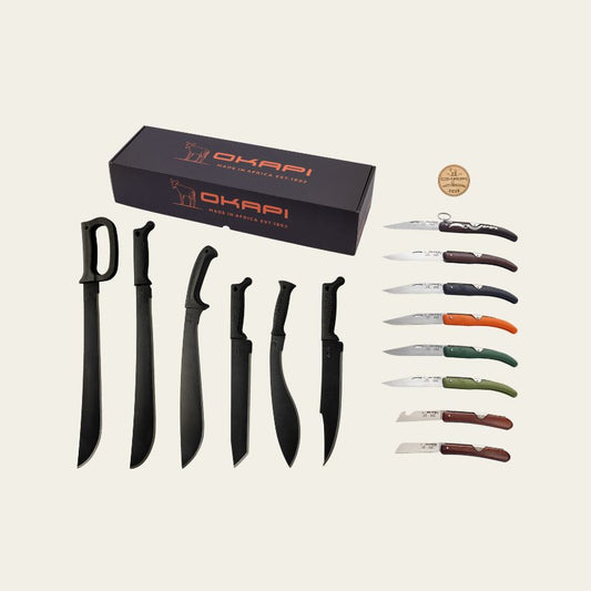 Okapi Full Range Knife Box – Tactical Black Edition featuring South African-made folding and bush knives