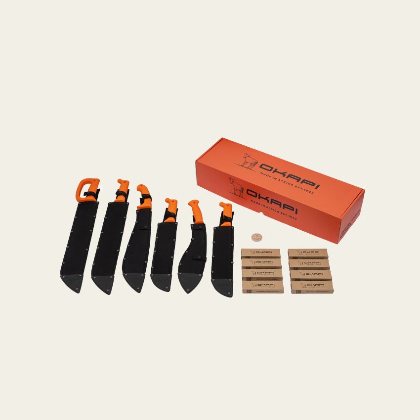 Premium Okapi knife collection in orange box – includes classic and tactical blades
