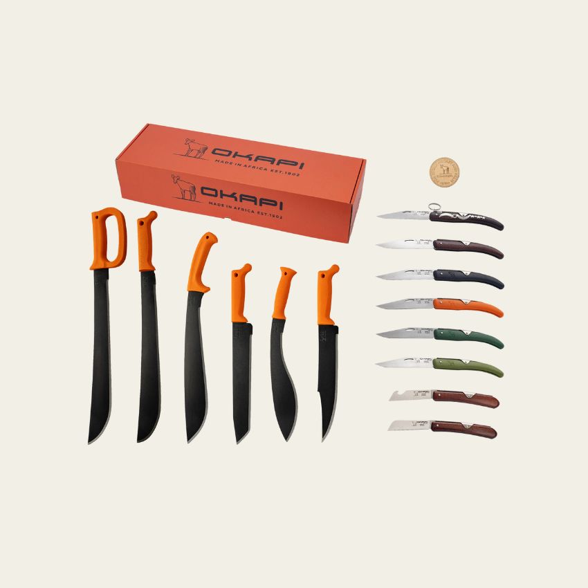 Okapi Full Range Knife Box – curated set of heritage folding knives and machetes in vibrant orange packaging