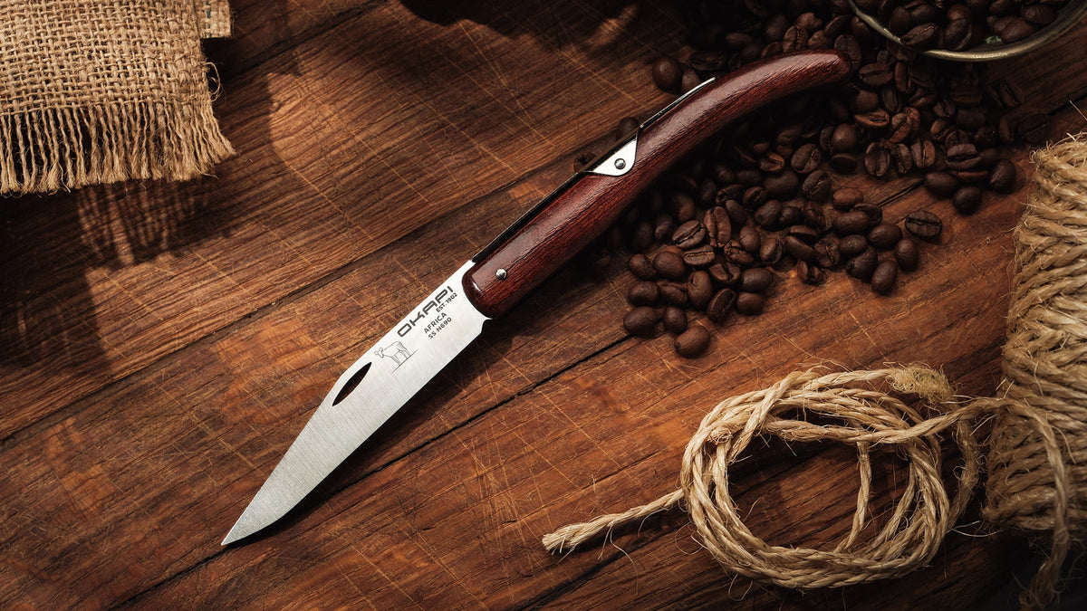 Close-up of Okapi Folding Knife with wooden handle